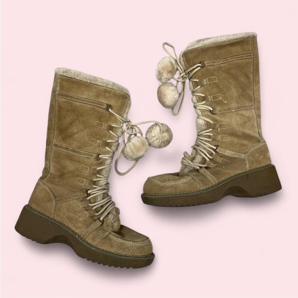 Women’s Tan Suede Lace-Up Boots with Pom Pom Detail